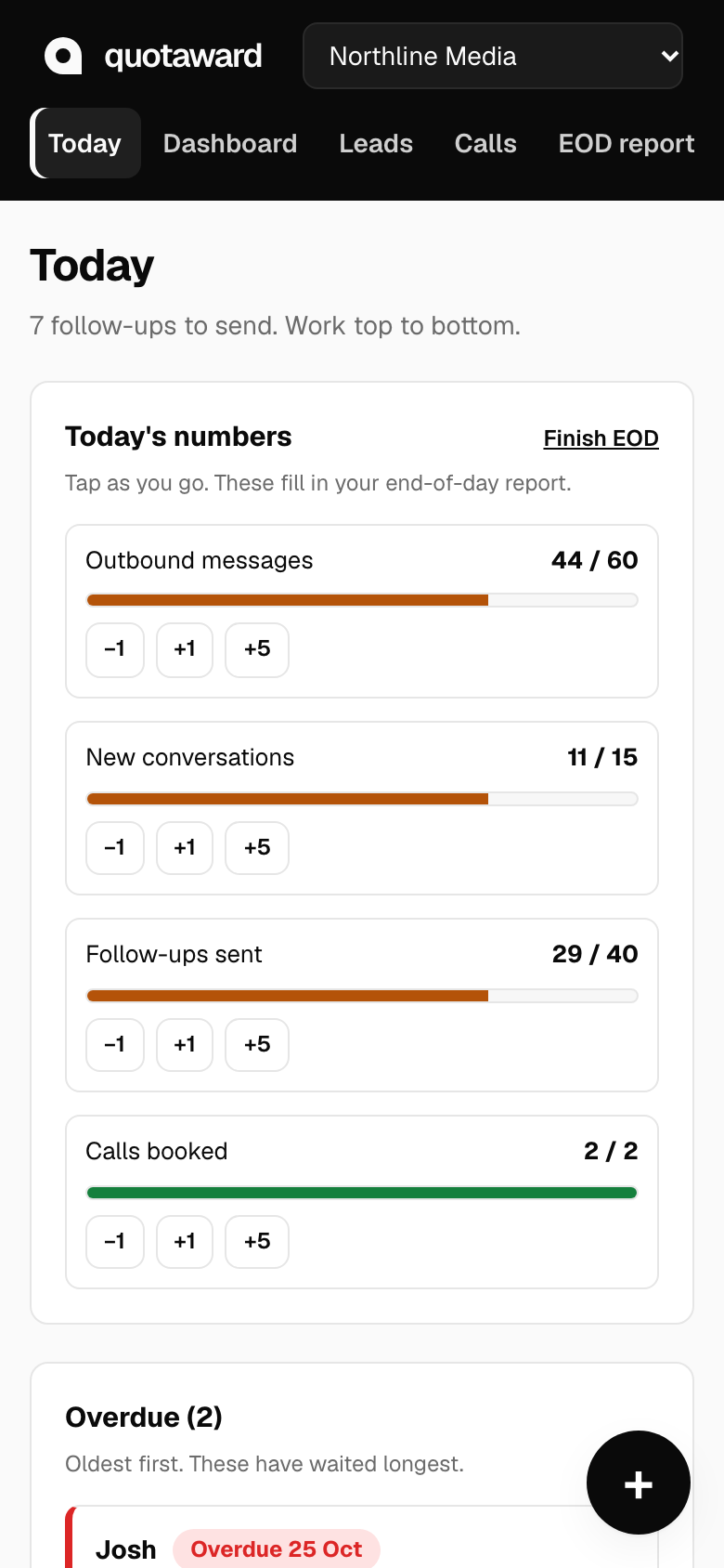 A setter's Today list on a phone, with follow-ups due and progress towards daily targets.